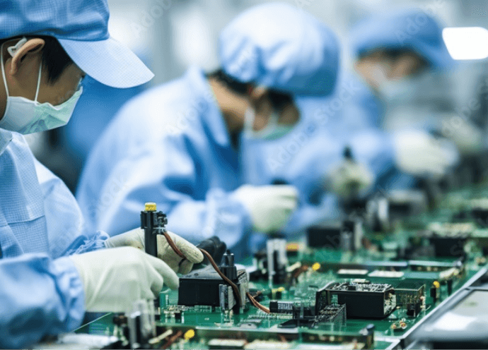 エレクトロニクス製造ラインで、作業員が保護具を着用して電子部品を組み立てている様子を示す画像。